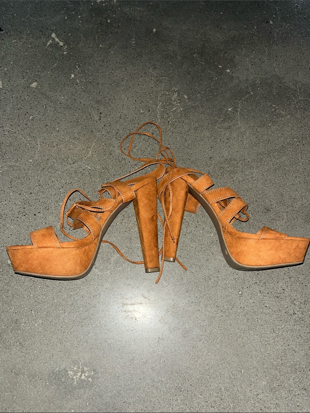 Charlotte Russe Suede Lace-Up Platform Heels in Tan